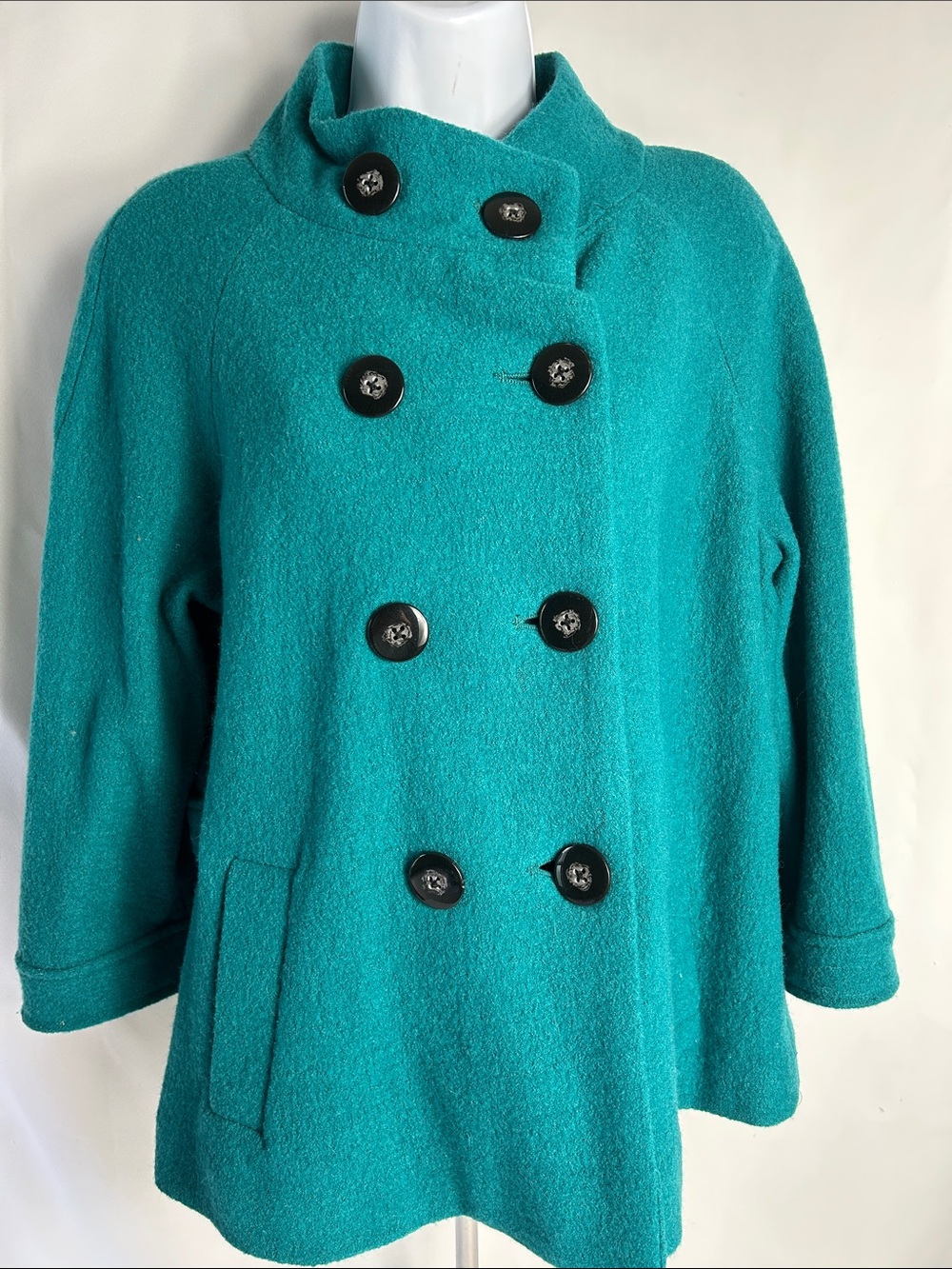 Chicos Women’s 8-10 Emerald Green Cape Style Wool Coat Double Breasted Cape